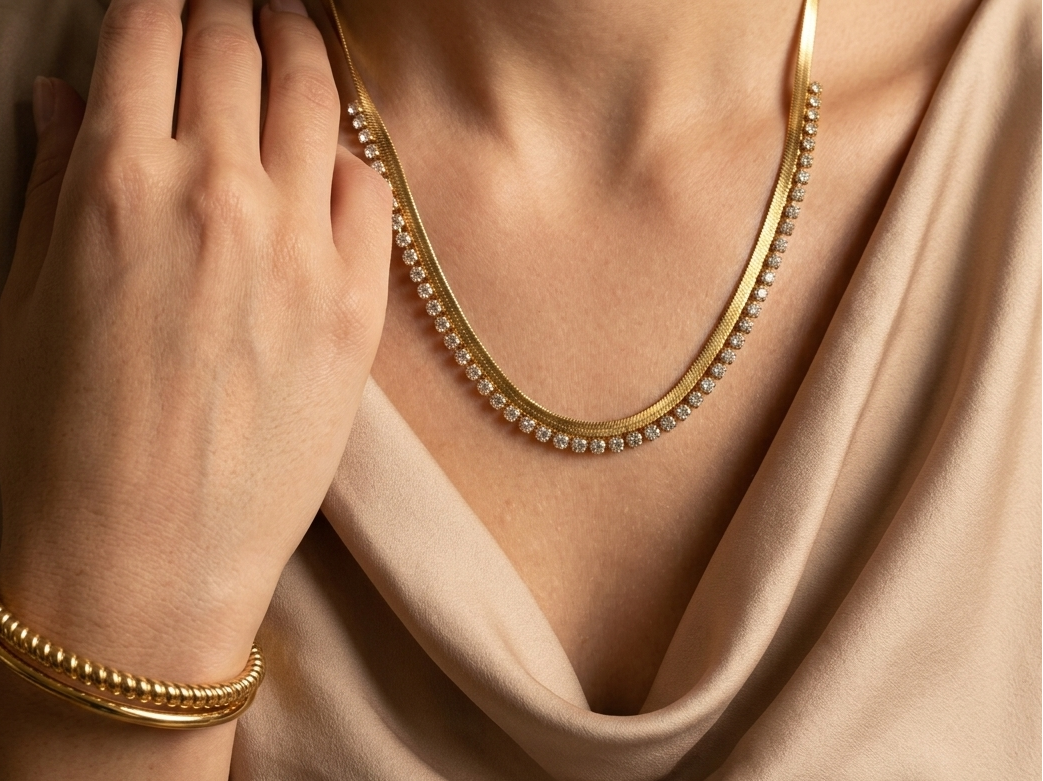 Gold necklace and bracelet on a beige garment