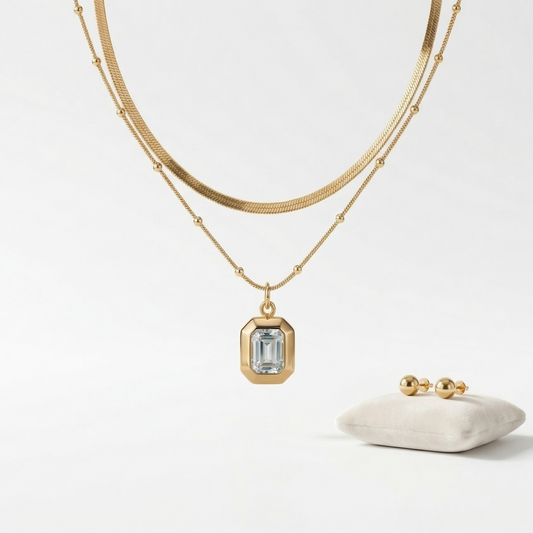 Gold necklace with a pendant on a white background
