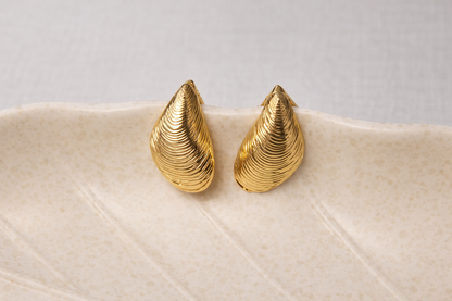 Gold teardrop-shaped earrings on a textured beige surface with a light gray background