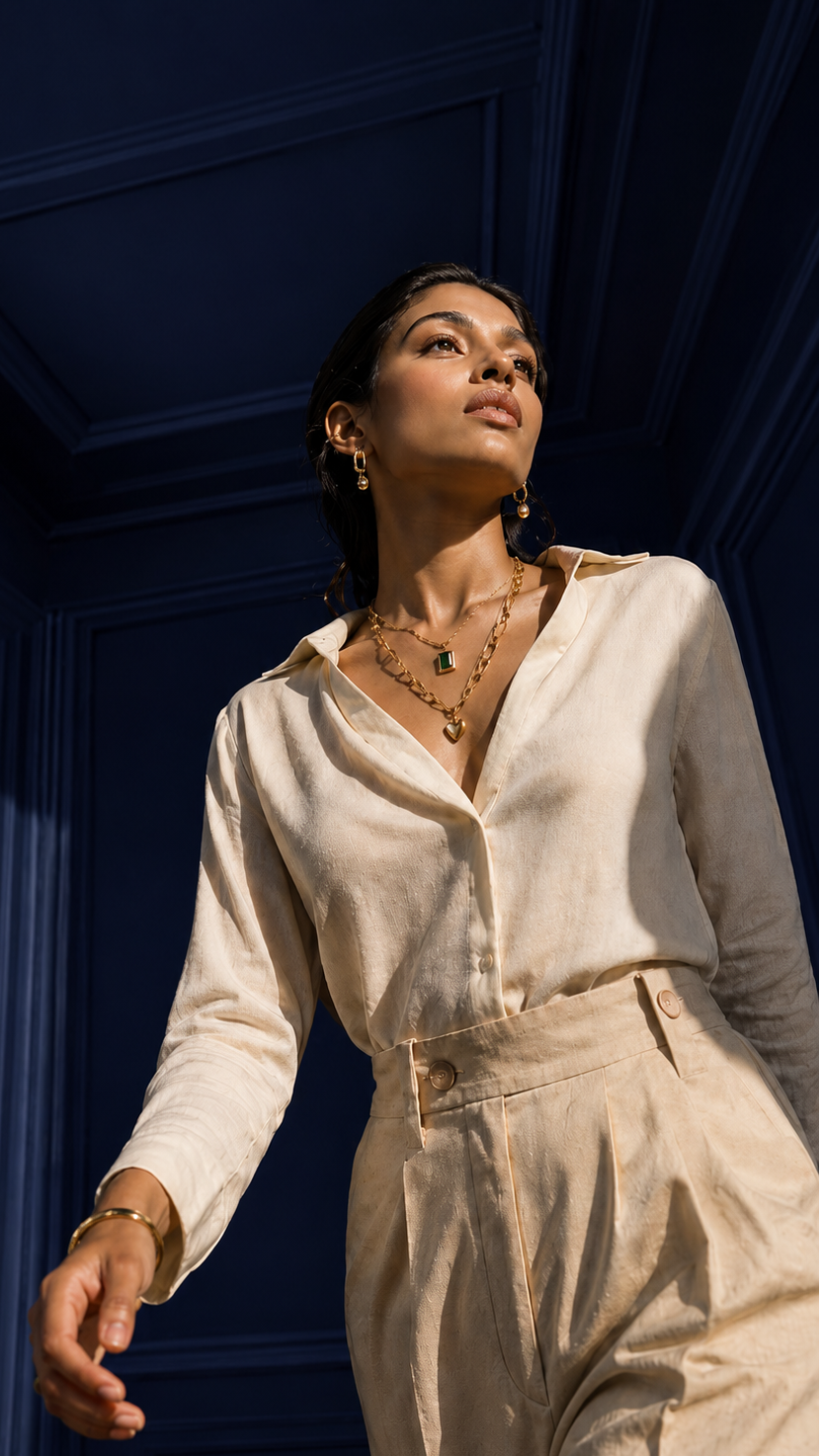 A woman wearing a cream-colored linen shirt and matching trousers stands against a dark blue paneled wall, looking upward.